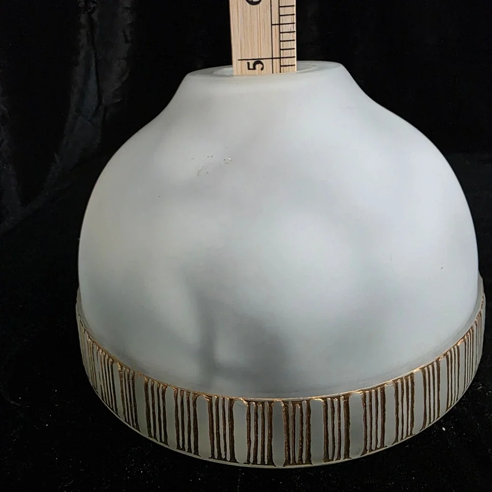 VTG MCM Pendant Frosted Dappled Glass Lamp Shade Gold Striped Band 1 5/8 Fitter